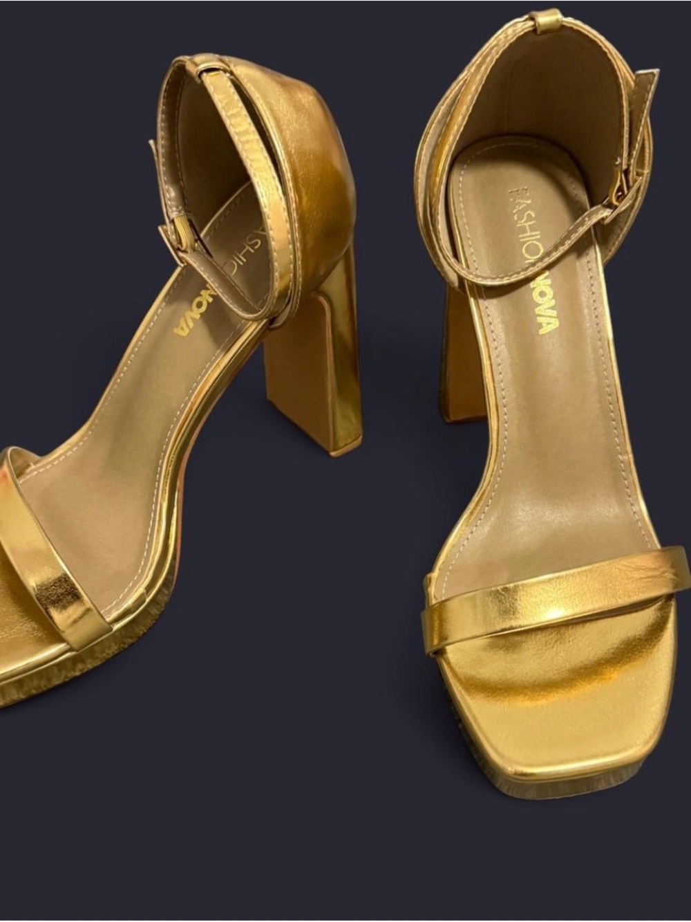 Fashion Nova Metallic Gold Block Heel Sandals